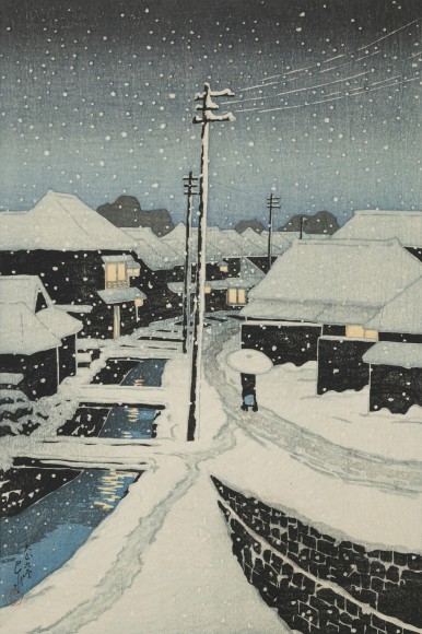 VAKKER VINTERKUNST: Dette vildet er kalt "Evening Snow at Terashima Village" og er laget av den japanske kunstneren Hasui Kawase. 