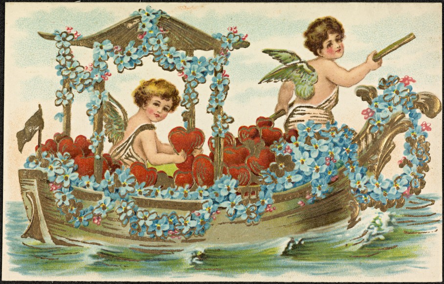 Disse to cupidofigurene i en båt fylt av hjerter og blomster, er delt av Nasjonalbiblioteket. Det er ukjent når de er fra.