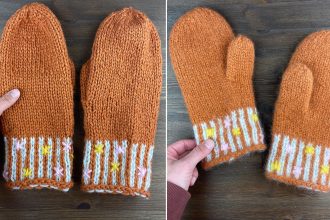 Tovede votter, før og etter. Oransje votter med broderi på.